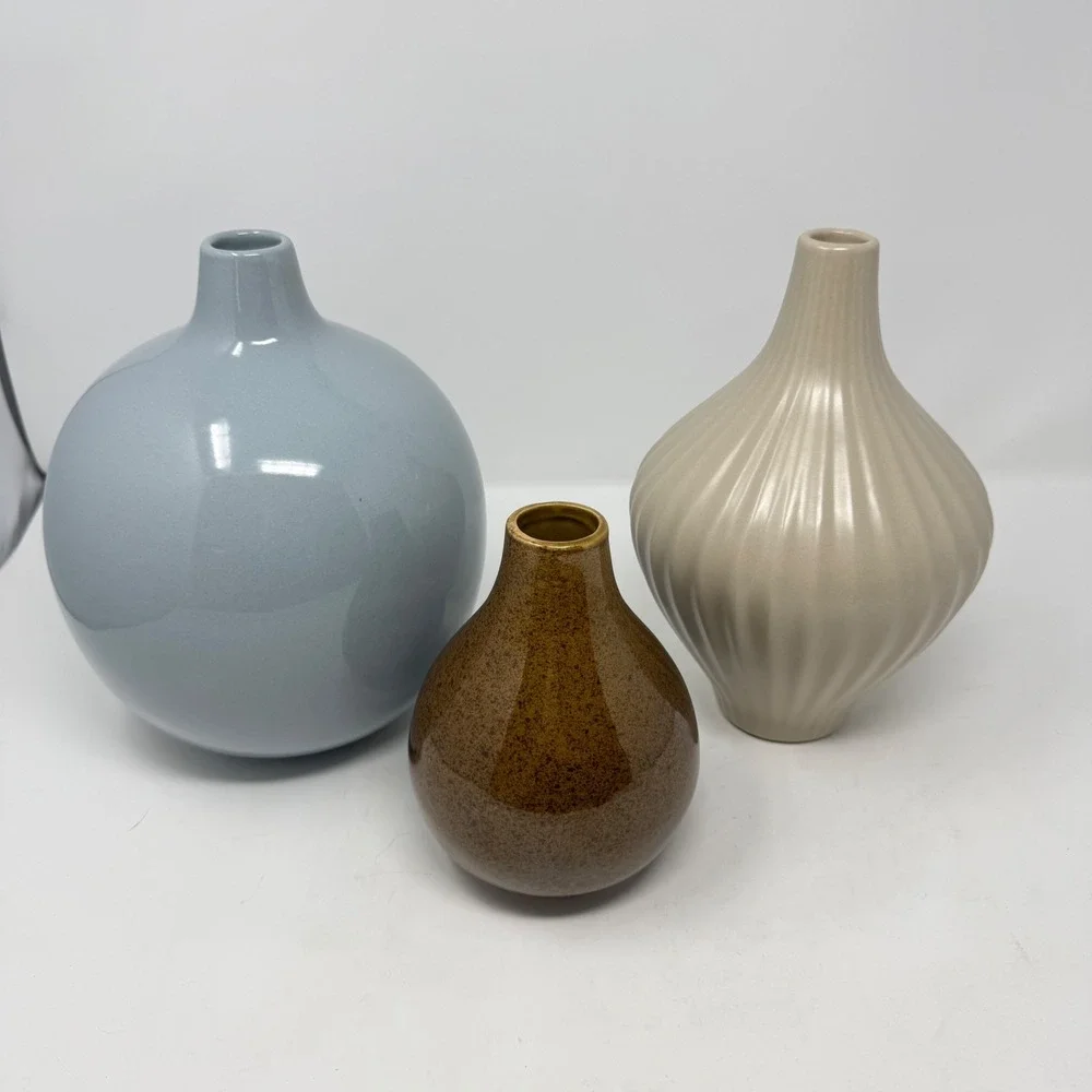Ceramic Bud Vase Set 3 Blue Tan Brown Pottery Neutral MCM Minimalist Boho Decor